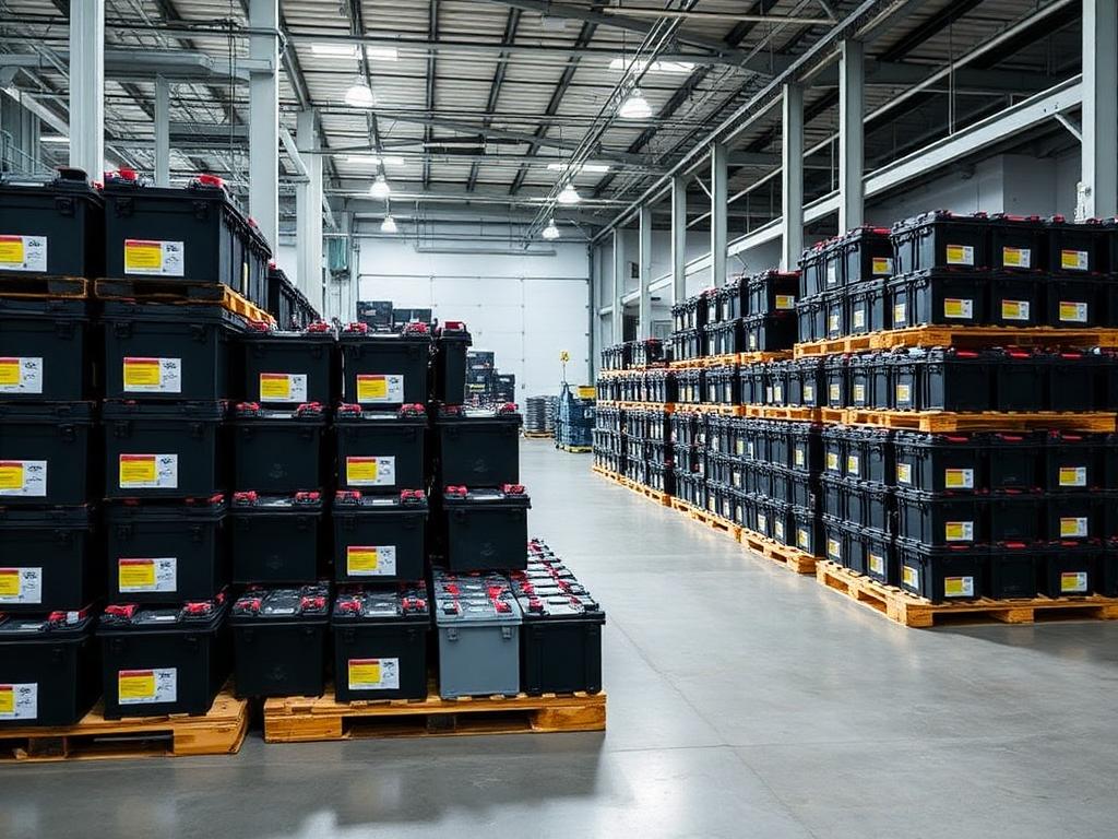 Baterias automotivas usadas organizadas sobre pallets